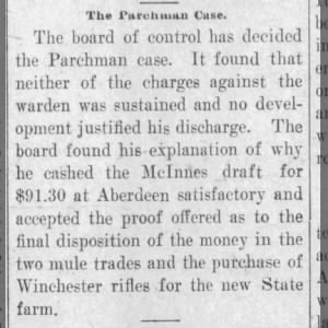 1902-11-14 Indianola Enterprise p 4 Parchman case Warden new State farm